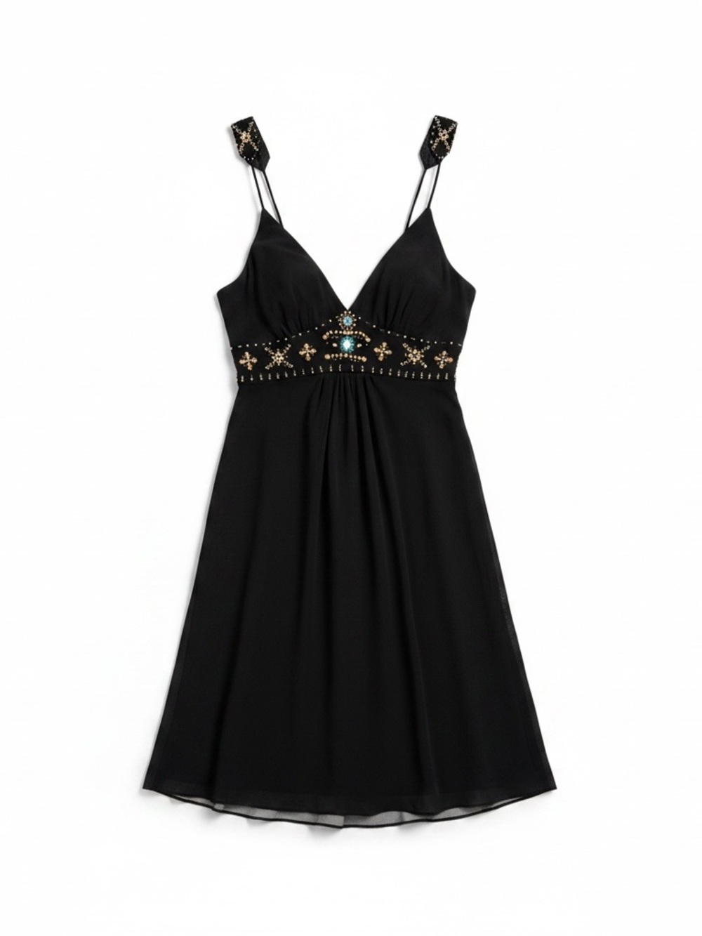 Lapis Black Silk Dress with Gold & Turquoise Embellishments